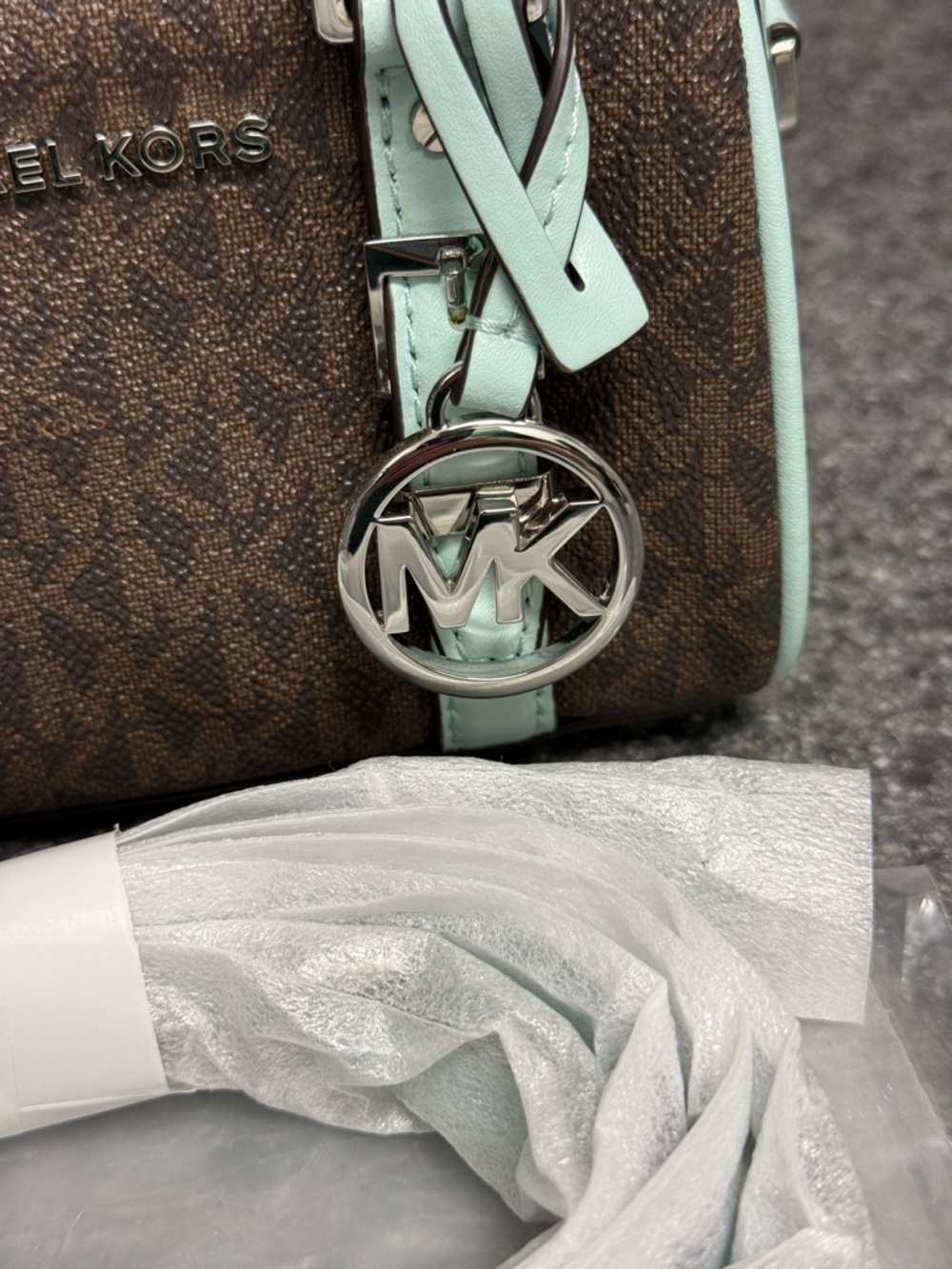 NWT Michael Kors Bedford Legacy XS Logo Duffle Crossbody Bag Brown/Aqua Blue 178 - Picture 3 of 16